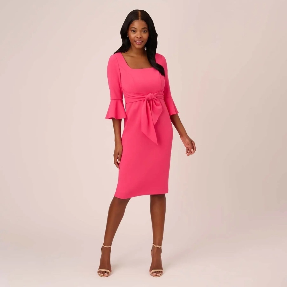 Adrianna Papell Midi Length Sheath Dress Stretch Knit Crepe Tie Front Size 8